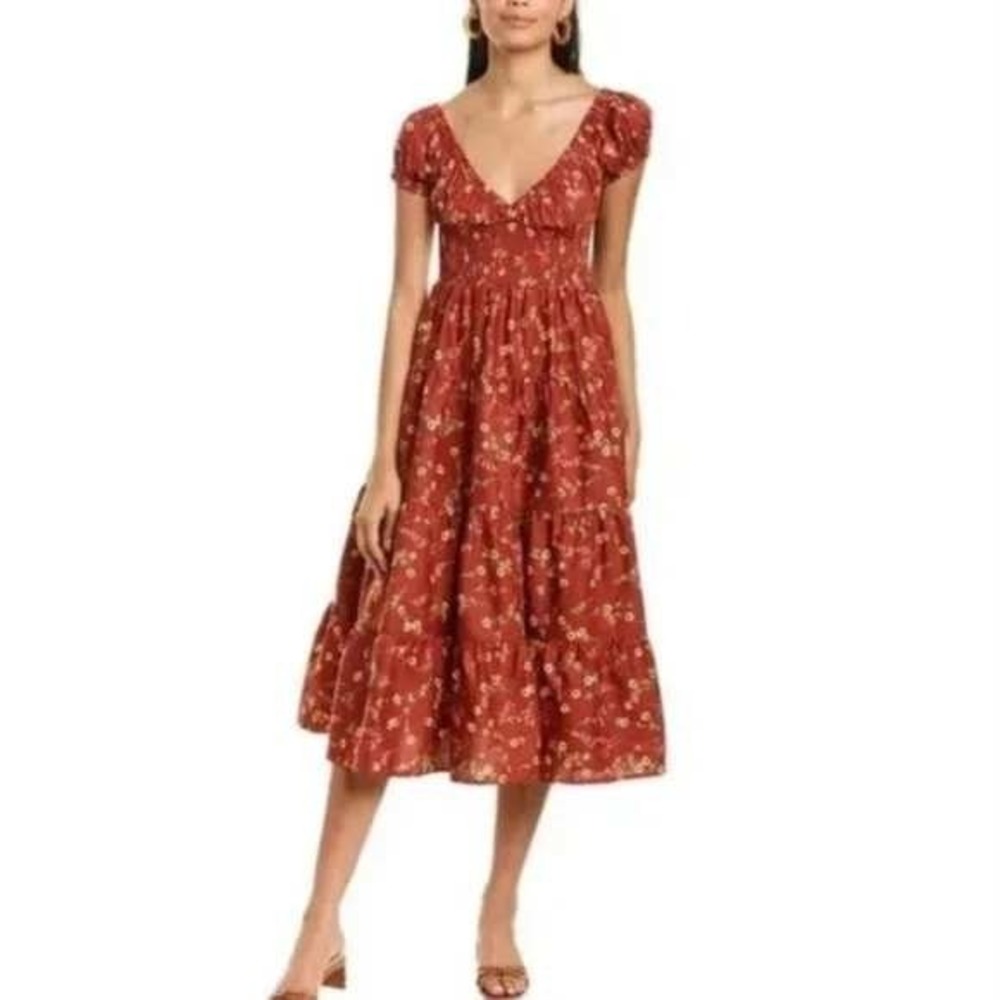WeWoreWhat x Danielle Bernstein Smocked Bodice Floral Puff Rust Midi Dress